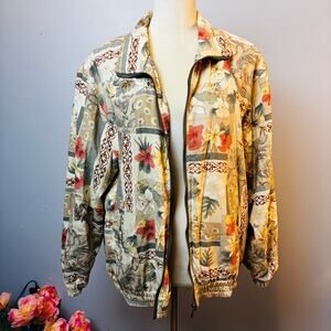 Vintage Vital Zone 100% Silk Floral Geometric Full Zip Windbreaker Jacket Med